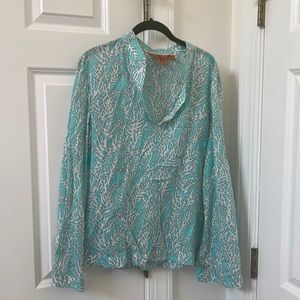 Tory Burch Aqua and White Blouse